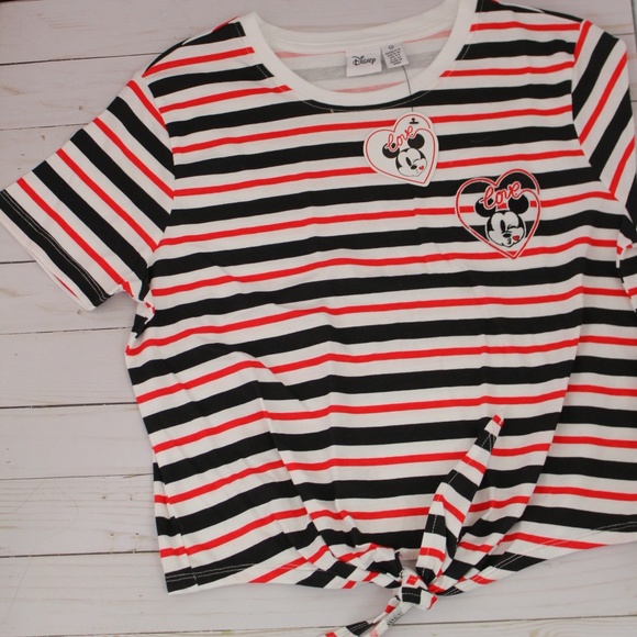 Disney Tops - Retro Style Mickey Mouse Striped Embroidered Tie Hem T-Shirt Crop Top